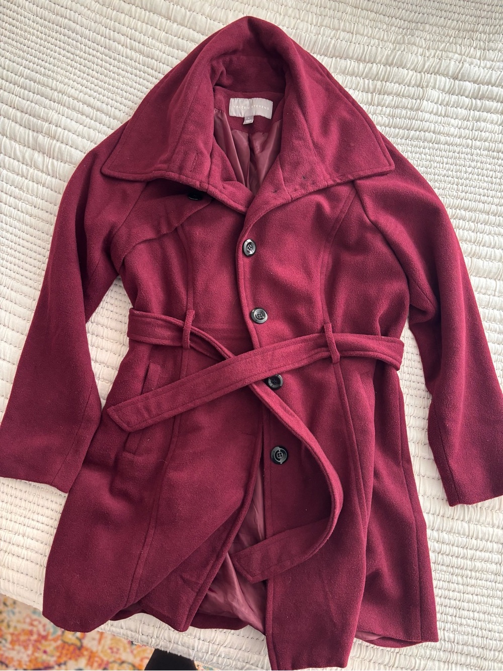 Valerie Stevens Burgundy Belted Long Coat – Size Large